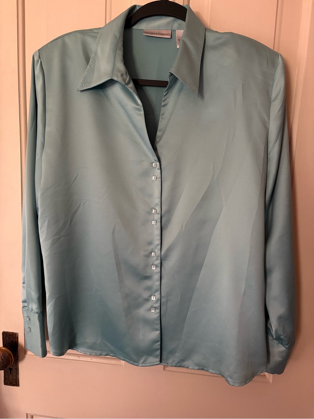 Satin Button-Front Blouse in Aqua
